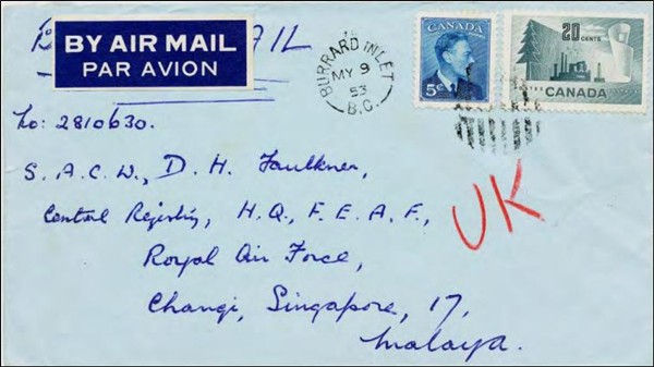 Registered cover from Burrard Inlet to Singapore, May 1953. (G. Scrimgeour)