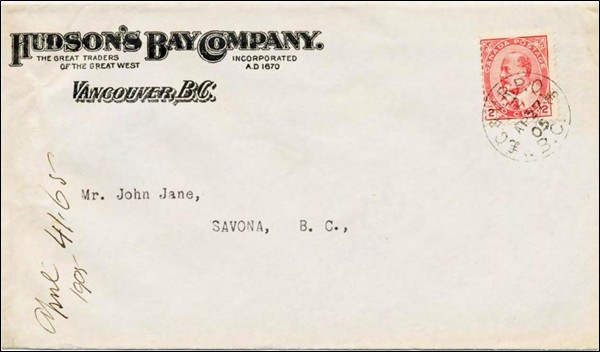Cover postmarked on the Calgary & Vancouver R.P.O. run (C. & V. R.P.O.), Vancouver to Savona. April 27, 1905. (G. Scrimgeour)